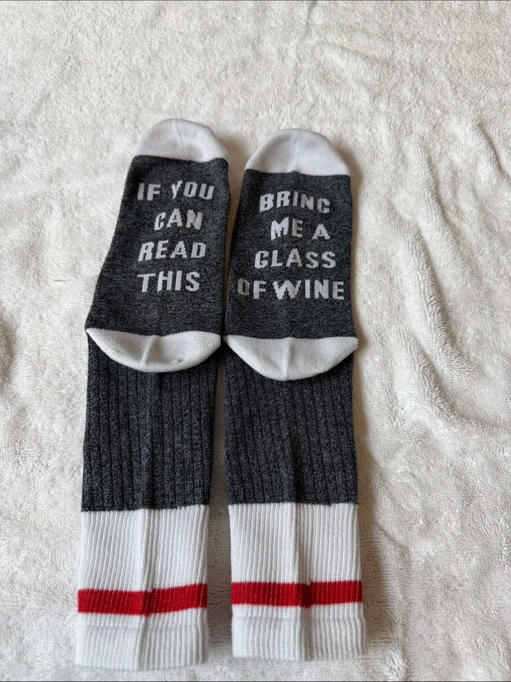 Novelty Men’s Black & White Crew Socks with Red Stripe - Funny Wine Message